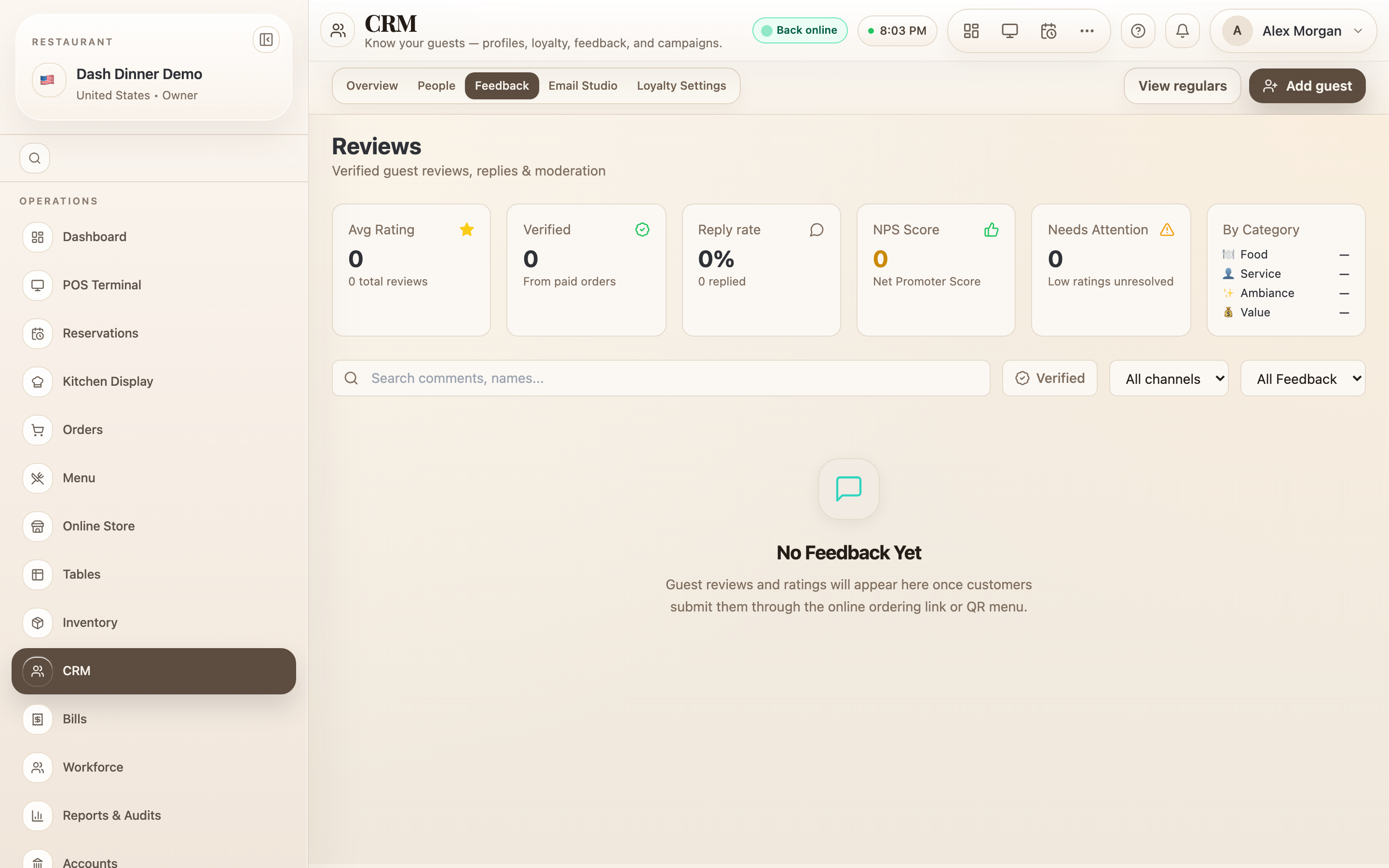 Reviews: the summary cards, the rating breakdown, and the review list.