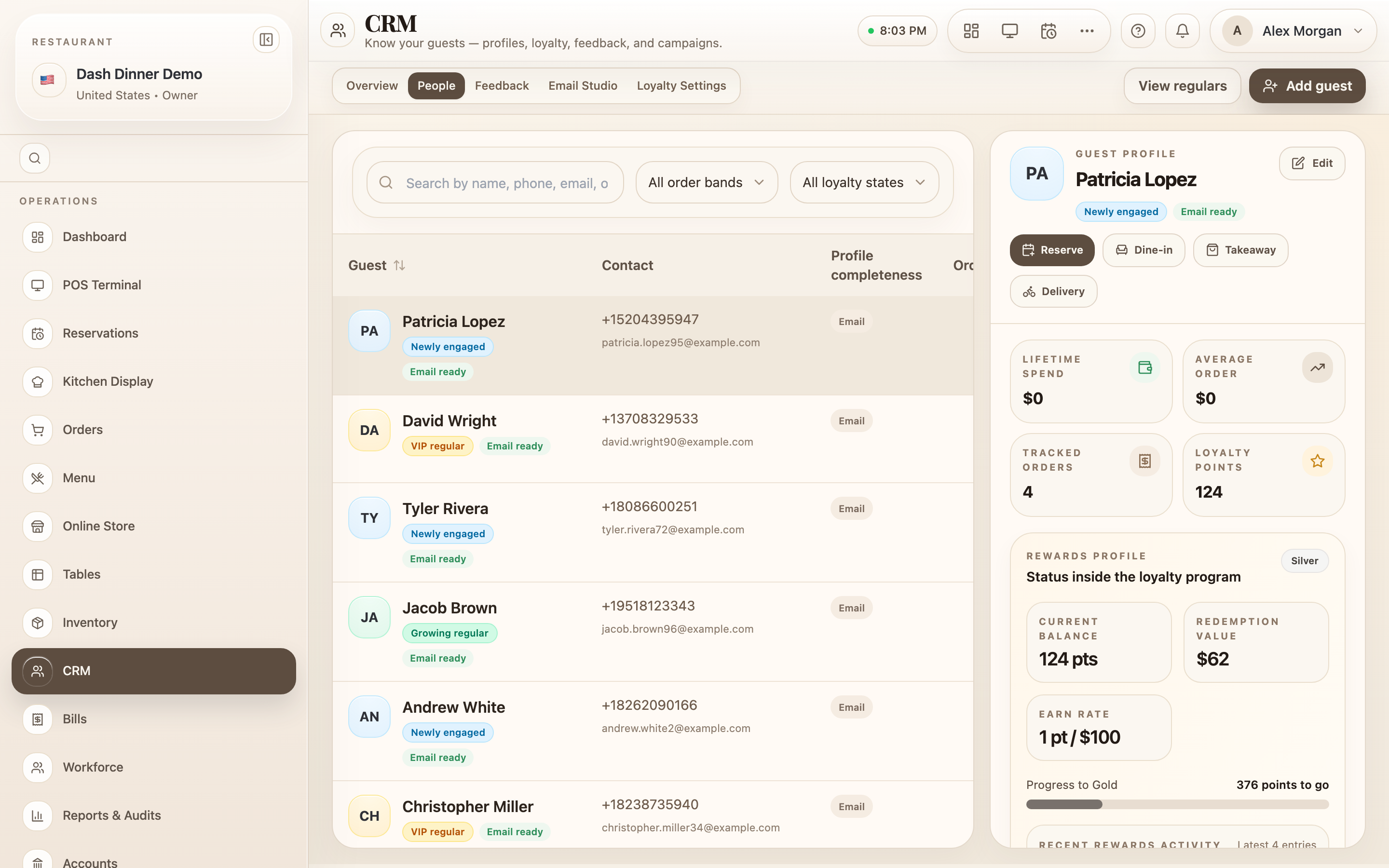 A guest profile: launcher buttons, spend and loyalty tiles, and the relationship timeline.