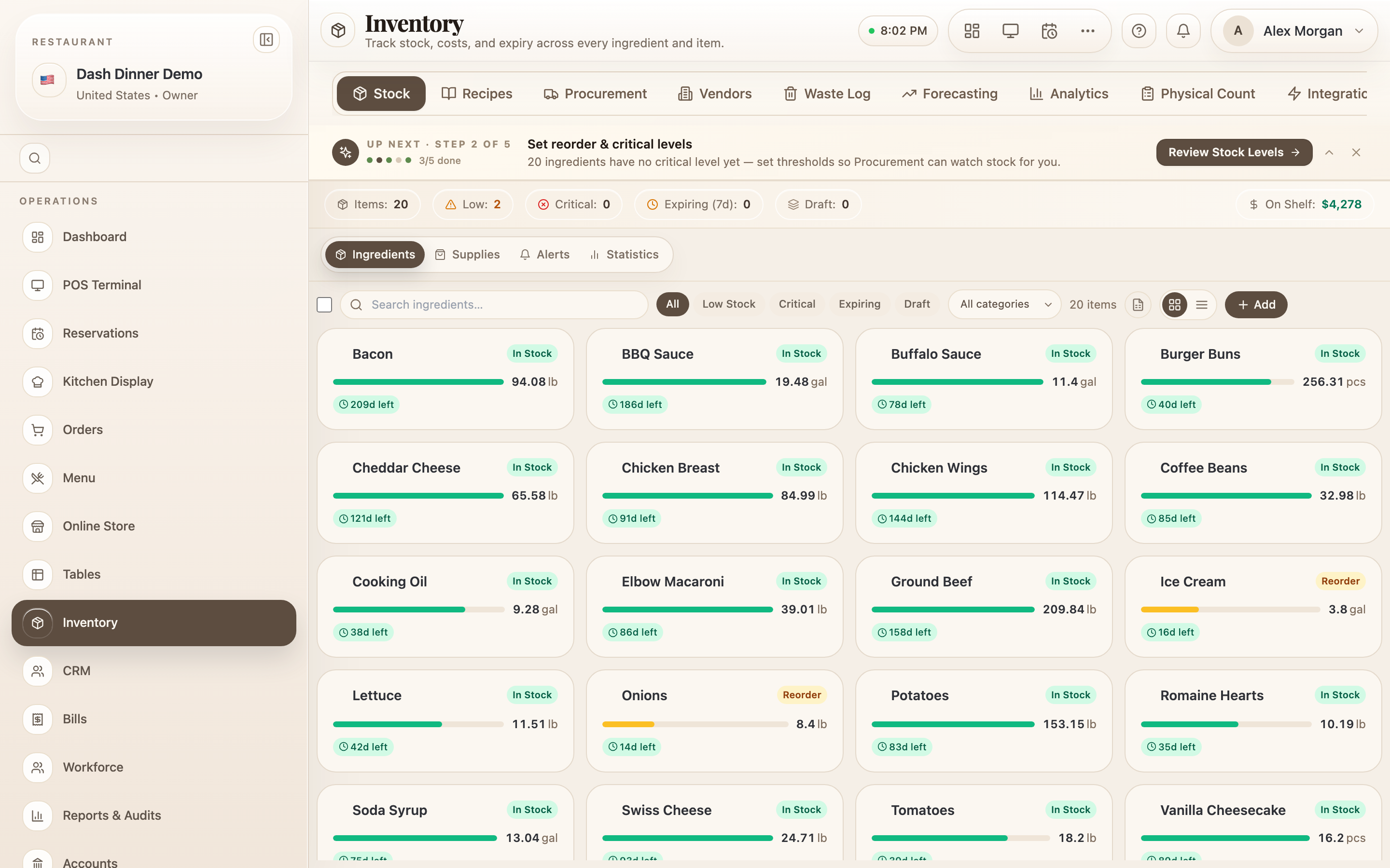 Ingredient detail: On Hand, reorder point, cost, and the Add Stock / Adjust Count actions.