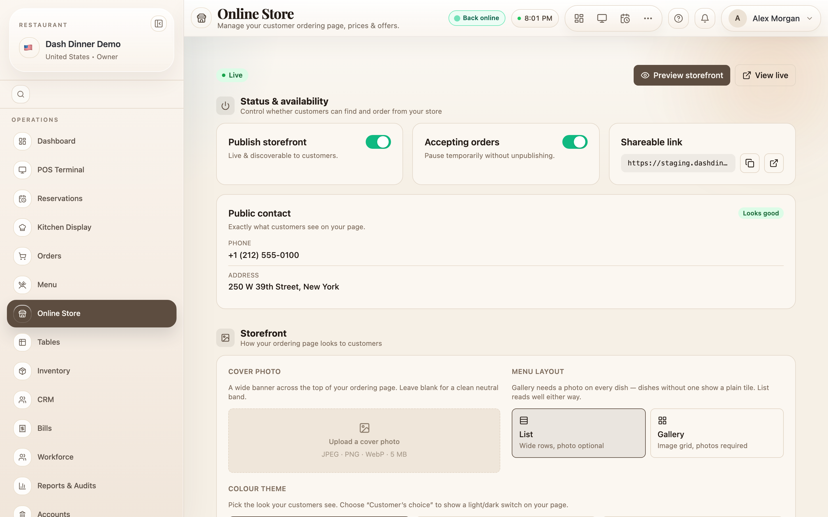 The Online Store hub: status, storefront, fulfilment, payments, offers, and the online menu.