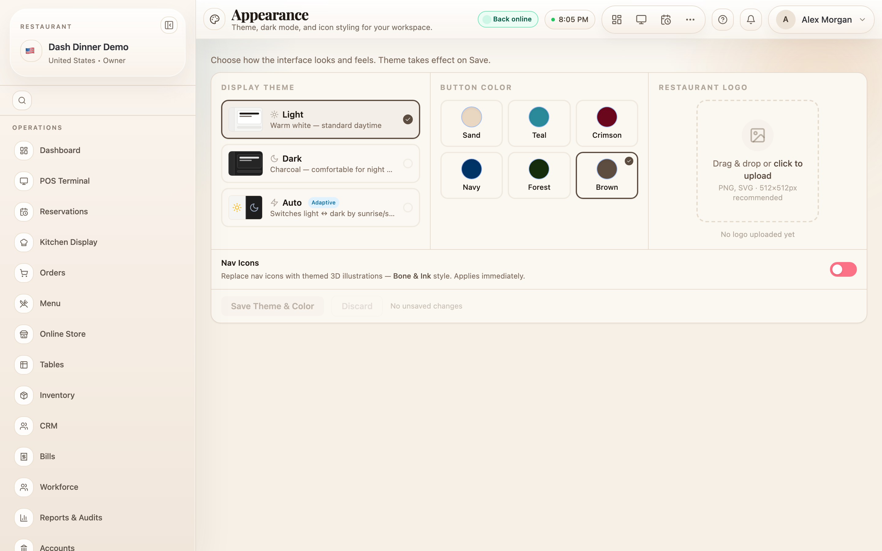 Appearance: Display Theme, Button Color, and Restaurant Logo.